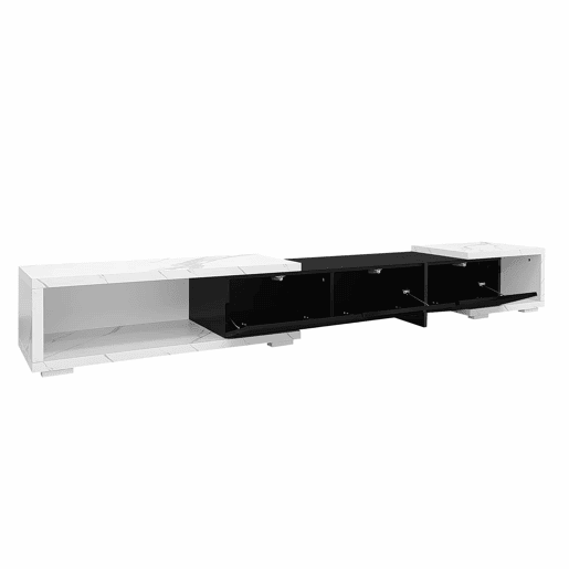 Suporte de TV ajustável em comprimento (140-260 cm) - 3 portas com dobradiças - aspeto de mármore branco - Preto e branco