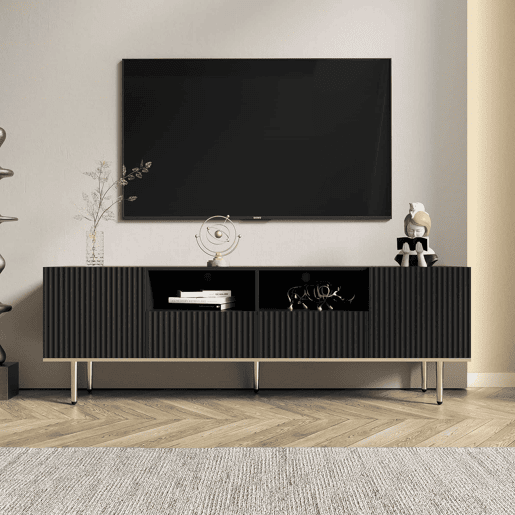 Móvel moderno para televisão - com 2 portas e 2 gavetas - pés metálicos - Preto