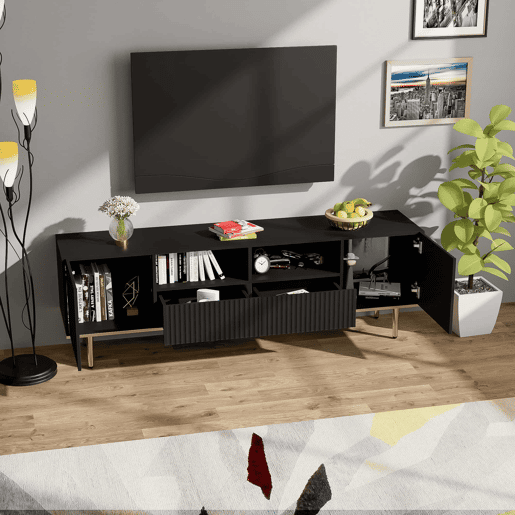 Móvel moderno para televisão - com 2 portas e 2 gavetas - pés metálicos - Preto