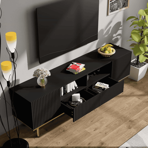 Móvel moderno para televisão - com 2 portas e 2 gavetas - pés metálicos - Preto