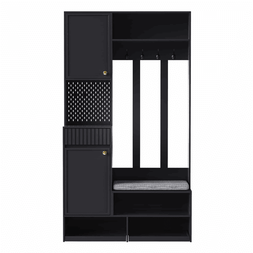 Conjunto de guarda-roupa 100x180x35 cm - Com banco, 4 ganchos, portas e gavetas - Preto