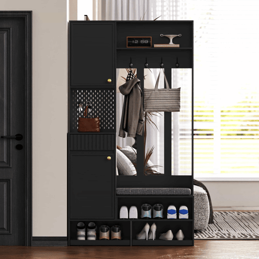 Conjunto de guarda-roupa 100x180x35 cm - Com banco, 4 ganchos, portas e gavetas - Preto
