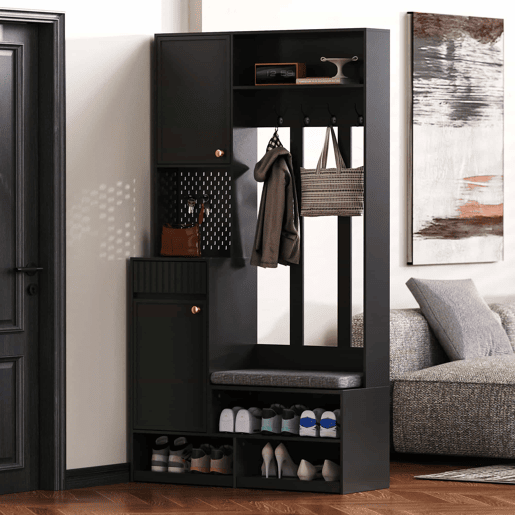 Conjunto de guarda-roupa 100x180x35 cm - Com banco, 4 ganchos, portas e gavetas - Preto