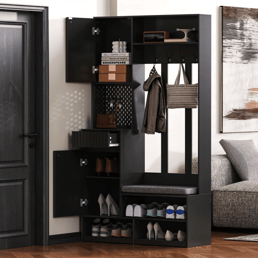 Conjunto de guarda-roupa 100x180x35 cm - Com banco, 4 ganchos, portas e gavetas - Preto