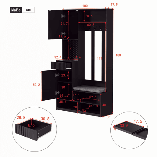 Conjunto de guarda-roupa 100x180x35 cm - Com banco, 4 ganchos, portas e gavetas - Preto