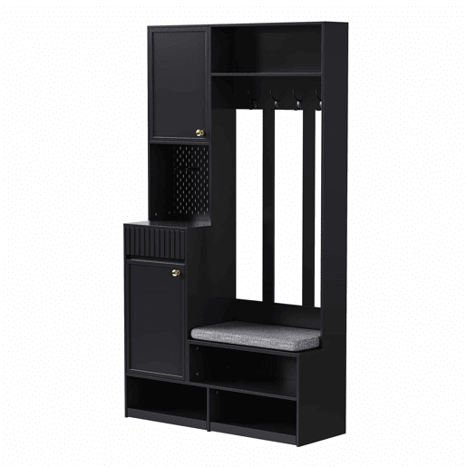 Conjunto de guarda-roupa 100x180x35 cm - Com banco, 4 ganchos, portas e gavetas - Preto
