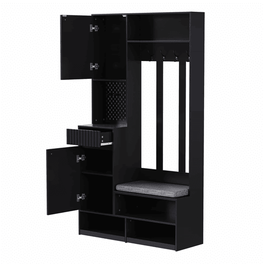 Conjunto de guarda-roupa 100x180x35 cm - Com banco, 4 ganchos, portas e gavetas - Preto