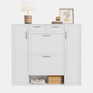 Sapateira moderna 120x24x107 cm - Prateleiras ajustáveis, 2 gavetas, portas e puxadores dourados - Branco