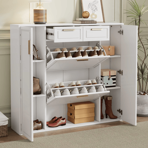 Sapateira moderna 120x24x107 cm - Prateleiras ajustáveis, 2 gavetas, portas e puxadores dourados - Branco