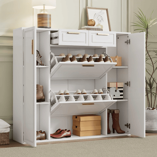 Sapateira moderna 120x24x107 cm - Prateleiras ajustáveis, 2 gavetas, portas e puxadores dourados - Branco