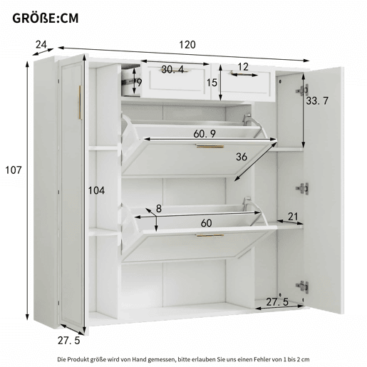 Sapateira moderna 120x24x107 cm - Prateleiras ajustáveis, 2 gavetas, portas e puxadores dourados - Branco