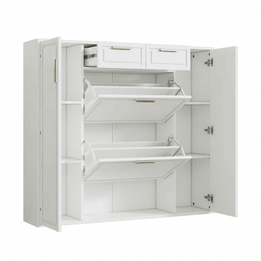 Sapateira moderna 120x24x107 cm - Prateleiras ajustáveis, 2 gavetas, portas e puxadores dourados - Branco