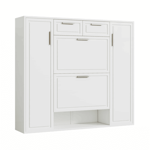 Sapateira moderna 120x24x107 cm - Prateleiras ajustáveis, 2 gavetas, portas e puxadores dourados - Branco