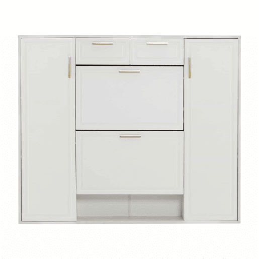 Sapateira moderna 120x24x107 cm - Prateleiras ajustáveis, 2 gavetas, portas e puxadores dourados - Branco