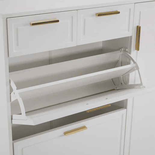 Sapateira moderna 120x24x107 cm - Prateleiras ajustáveis, 2 gavetas, portas e puxadores dourados - Branco