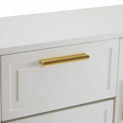 Sapateira moderna 120x24x107 cm - Prateleiras ajustáveis, 2 gavetas, portas e puxadores dourados - Branco