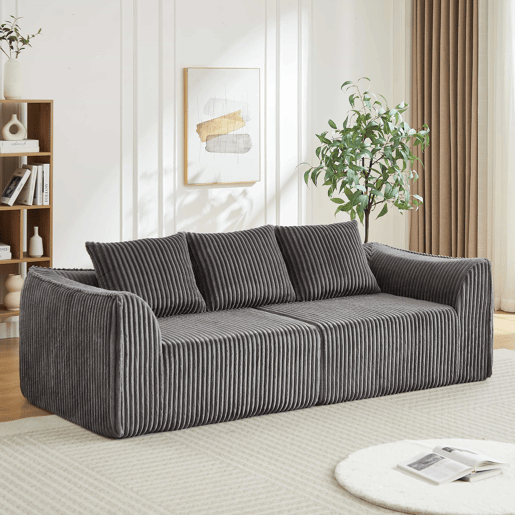 Sofá Minimalista 235 cm 3 lugares - Linhas curvas, encosto ligeiramente inclinado, com duas almofadas - Cinza
