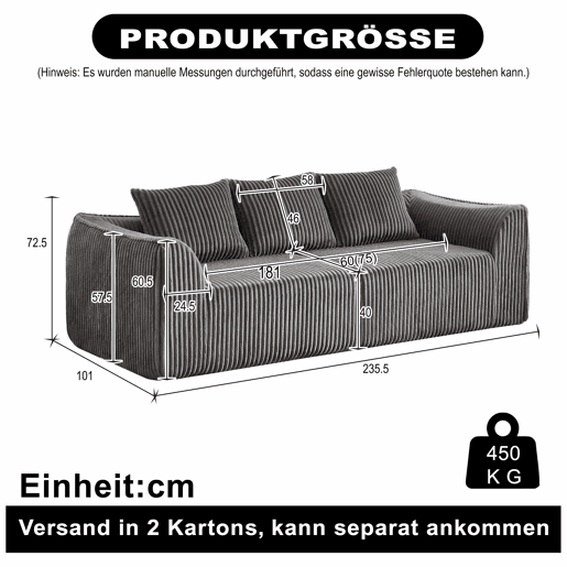 Sofá Minimalista 235 cm 3 lugares - Linhas curvas, encosto ligeiramente inclinado, com duas almofadas - Cinza