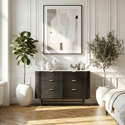 Cómoda Olvehok com 6 gavetas 120x40x81 cm PretoMármore branco en.casa