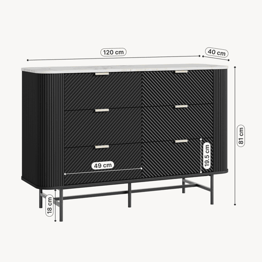 Cómoda Olvehok com 6 gavetas 120x40x81 cm PretoMármore branco en.casa