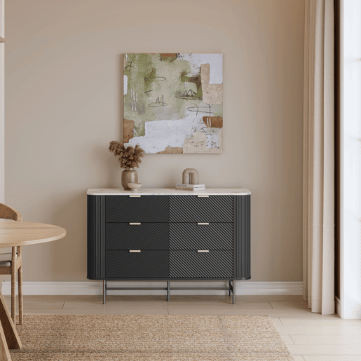 Cómoda Olvehok com 6 gavetas 120x40x81 cm PretoMármore branco en.casa