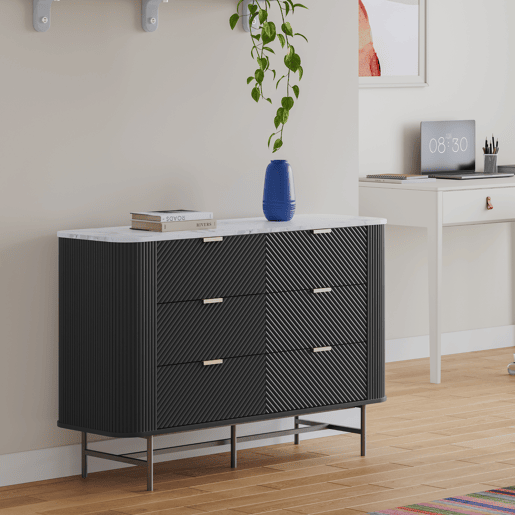 Cómoda Olvehok com 6 gavetas 120x40x81 cm PretoMármore branco en.casa