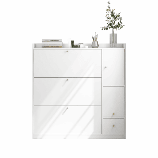 Sapateira inclinável 119x24x122 cm - 3 compartimentos, banco rebatÃvel, branco Sapateira inclinável 119x24x122 cm - 3 compartimentos, banco rebatÃvel, branco