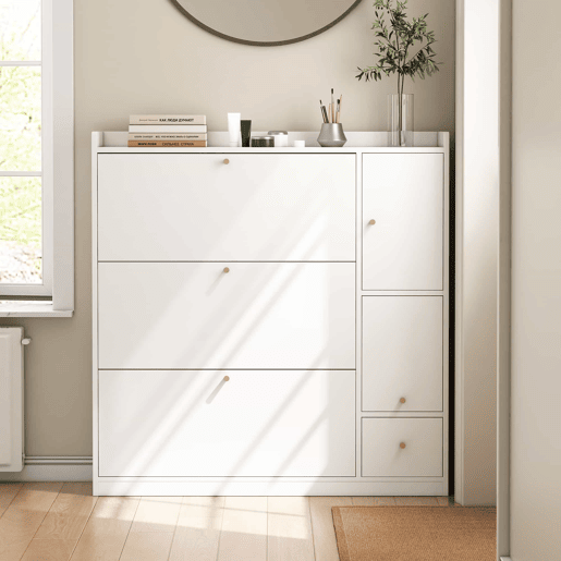 Sapateira inclinável 119x24x122 cm - 3 compartimentos, banco rebatÃvel, branco Sapateira inclinável 119x24x122 cm - 3 compartimentos, banco rebatÃvel, branco