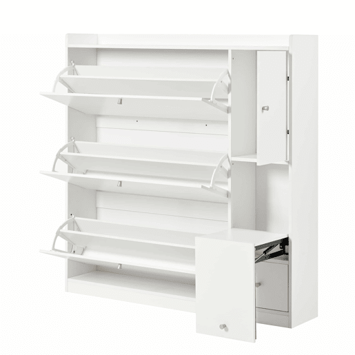 Sapateira inclinável 119x24x122 cm - 3 compartimentos, banco rebatÃvel, branco Sapateira inclinável 119x24x122 cm - 3 compartimentos, banco rebatÃvel, branco