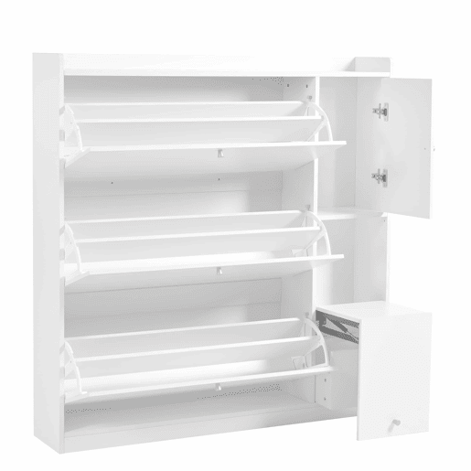 Sapateira inclinável 119x24x122 cm - 3 compartimentos, banco rebatÃvel, branco Sapateira inclinável 119x24x122 cm - 3 compartimentos, banco rebatÃvel, branco