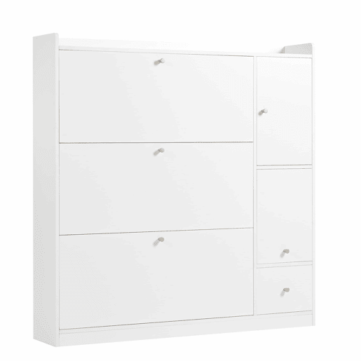 Sapateira inclinável 119x24x122 cm - 3 compartimentos, banco rebatÃvel, branco Sapateira inclinável 119x24x122 cm - 3 compartimentos, banco rebatÃvel, branco