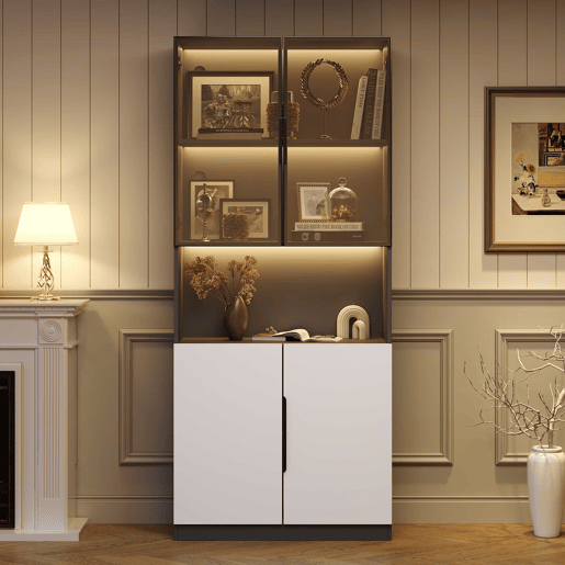 Vitrina 80x30x200 cm com LED - 4 portas (2 portas de vidro) - Preto e branco Vitrina 80x30x200 cm com LED - 4 portas (2 portas de vidro) - Preto e branco