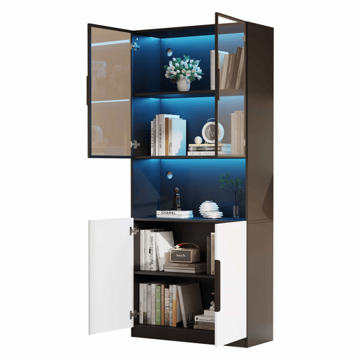 Vitrina 80x30x200 cm com LED - 4 portas (2 portas de vidro) - Preto e branco Vitrina 80x30x200 cm com LED - 4 portas (2 portas de vidro) - Preto e branco