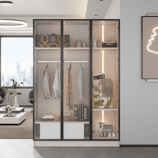 Vitrina H 160 cm com luz LED - 3 portas de vidro e 1 gaveta - Branco