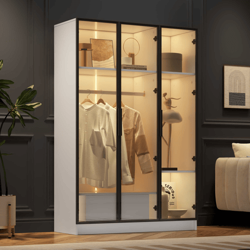 Vitrina H 160 cm com luz LED - 3 portas de vidro e 1 gaveta - Branco