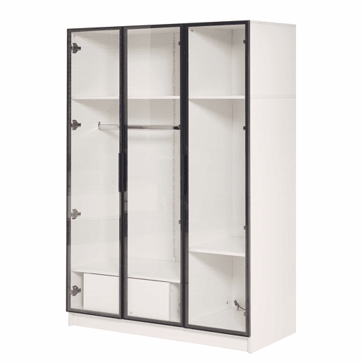 Vitrina H 160 cm com luz LED - 3 portas de vidro e 1 gaveta - Branco