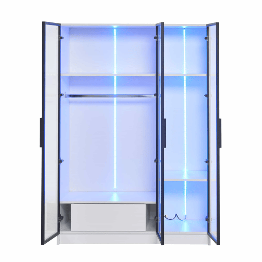 Vitrina H 160 cm com luz LED - 3 portas de vidro e 1 gaveta - Branco
