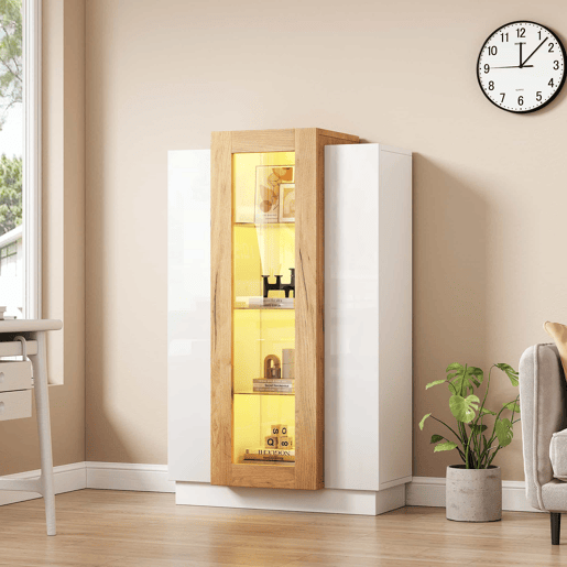 Móvel de sala 74x40x120 cm - Vitrine com 3 portas, LED, prateleira de vidro e gaveta - Alto brilho Móvel de sala 74x40x120 cm - Vitrine com 3 portas, LED, prateleira de vidro e gaveta - Alto brilho