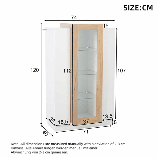 Móvel de sala 74x40x120 cm - Vitrine com 3 portas, LED, prateleira de vidro e gaveta - Alto brilho Móvel de sala 74x40x120 cm - Vitrine com 3 portas, LED, prateleira de vidro e gaveta - Alto brilho