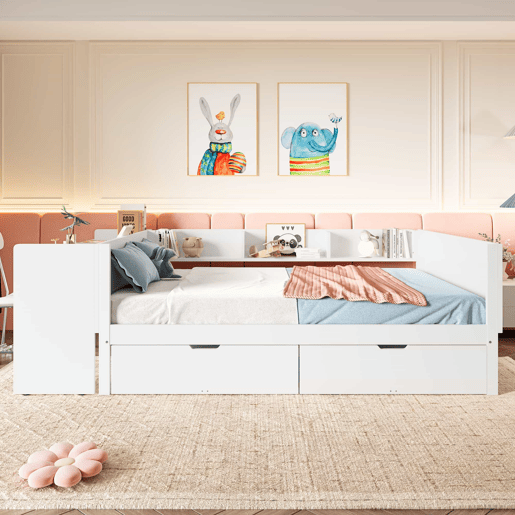Cama de madeira 140x200cm - com secretária, 2 gavetas, prateleiras, sem colchão - branca