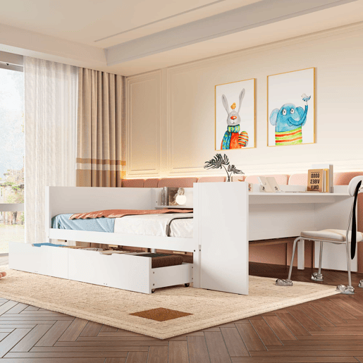 Cama de madeira 140x200cm - com secretária, 2 gavetas, prateleiras, sem colchão - branca