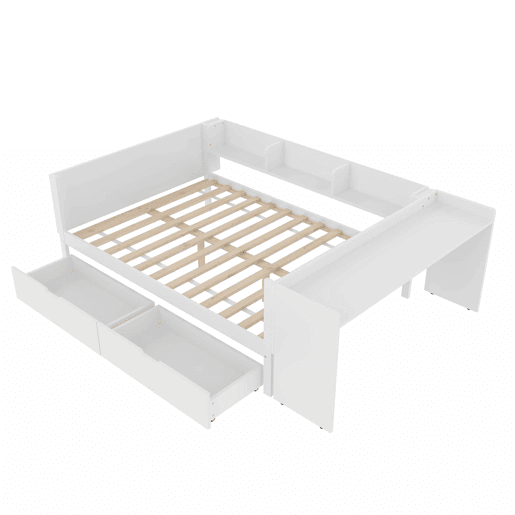 Cama de madeira 140x200cm - com secretária, 2 gavetas, prateleiras, sem colchão - branca