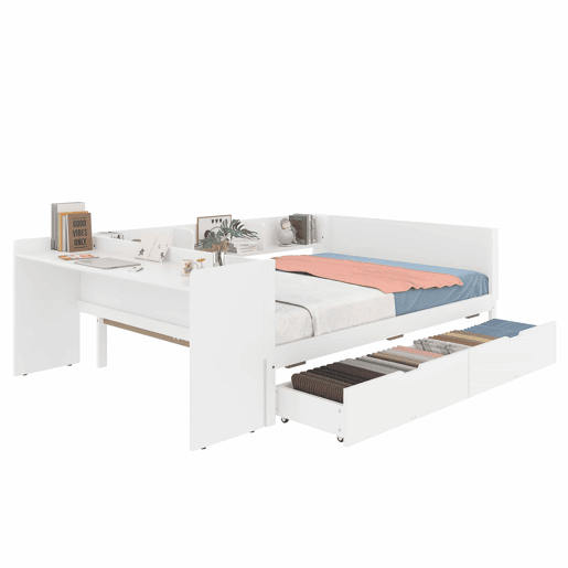 Cama de madeira 140x200cm - com secretária, 2 gavetas, prateleiras, sem colchão - branca