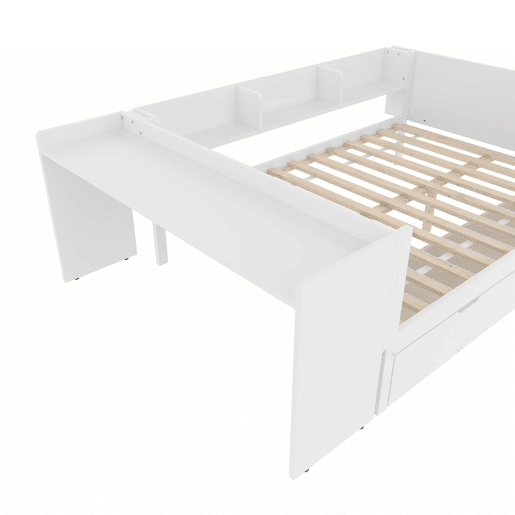 Cama de madeira 140x200cm - com secretária, 2 gavetas, prateleiras, sem colchão - branca