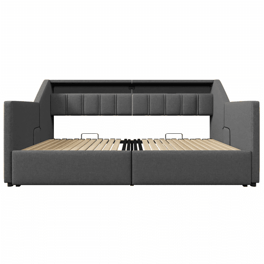Sofá-cama, 90x200 cm - Com USB e Type-C, LED com comando remoto, 2 gavetas, bolsas de armazenamento - Cinza
