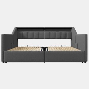 Sofá-cama, 90x200 cm - Com USB e Type-C, LED com comando remoto, 2 gavetas, bolsas de armazenamento - Cinza