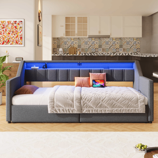 Sofá-cama, 90x200 cm - Com USB e Type-C, LED com comando remoto, 2 gavetas, bolsas de armazenamento - Cinza
