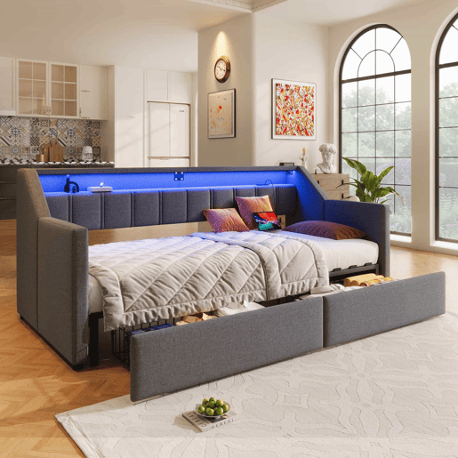 Sofá-cama, 90x200 cm - Com USB e Type-C, LED com comando remoto, 2 gavetas, bolsas de armazenamento - Cinza