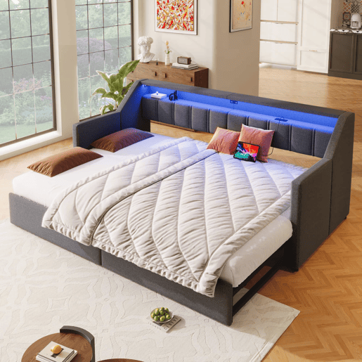Sofá-cama, 90x200 cm - Com USB e Type-C, LED com comando remoto, 2 gavetas, bolsas de armazenamento - Cinza