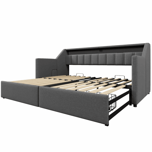 Sofá-cama, 90x200 cm - Com USB e Type-C, LED com comando remoto, 2 gavetas, bolsas de armazenamento - Cinza